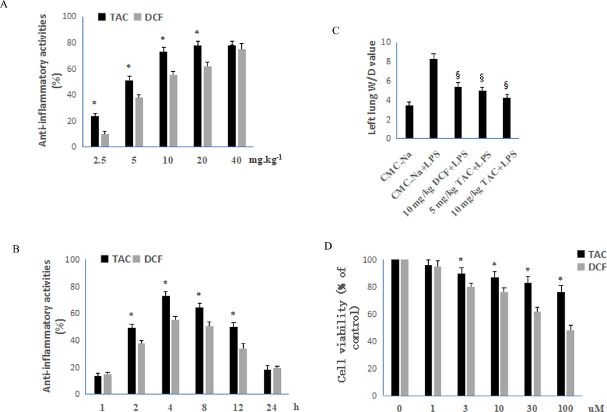 Anti-inflammatory activity and cytotoxicity of TAC and DCF. A: Anti-inflammatory activity of TAC and DCF at different doses 4 h after orally administration, each column represents the mean ± SD (n = 10). B: Orally anti-inflammatory activity of TAC and DCF at the same dose of 10 mg/kg at different administration times, each column represents the mean ± SD (n = 10). C: Effect of TAC and DCF on pulmonary edema in ALI mice, each column represents the mean ± SD (n = 6). D: Effects of DCF and TAC on the cell viability of RAW264.7 cells, error bars indicate the means ± SD of three independent replicates. All comparisons were analysed with Student's t-test. *P < 0.05 vs. DCF, §P < 0.05 vs. placebo.