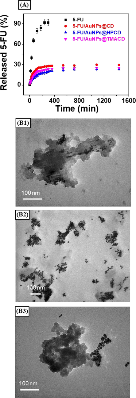 Drug release profile of the drug loaded nanocomposites at pH 7.4 (A) and TEM images of the 5-FU@AuNPs/CD (B1), 5-FU@AuNPs/HPCD (B2) and 5-FU@AuNPs/TMACD (B3) recovered after 24 h at pH 7.4.