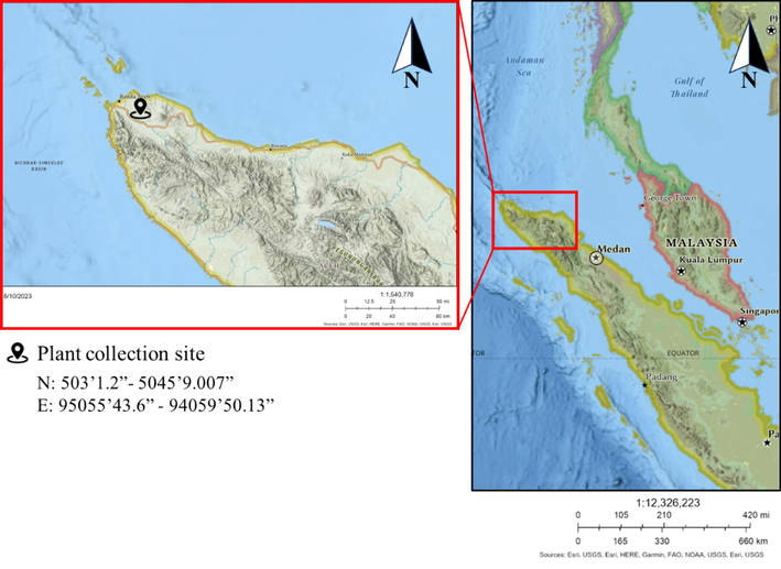 Geographical map of the plant specimen collection site (N: 503′1.2″- 5045′9.007″; E: 95055′43.6″ − 94059′50.13″).