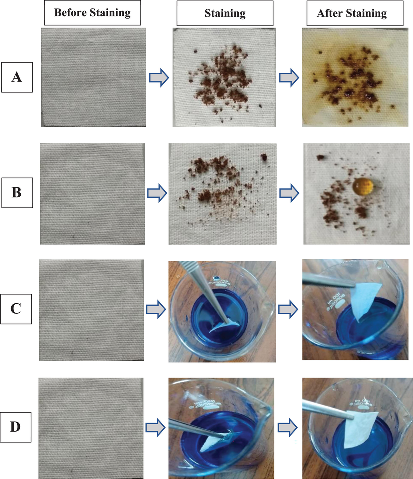 Optical photos demonstrated the wetting activity of (A) unmodified cotton fabric, (B) modified fabric against coffee dust (solid pollutant), and (C) unmodified fabric, (D) modified fabric against colored 0.01% methylene blue solution (liquid pollutant).