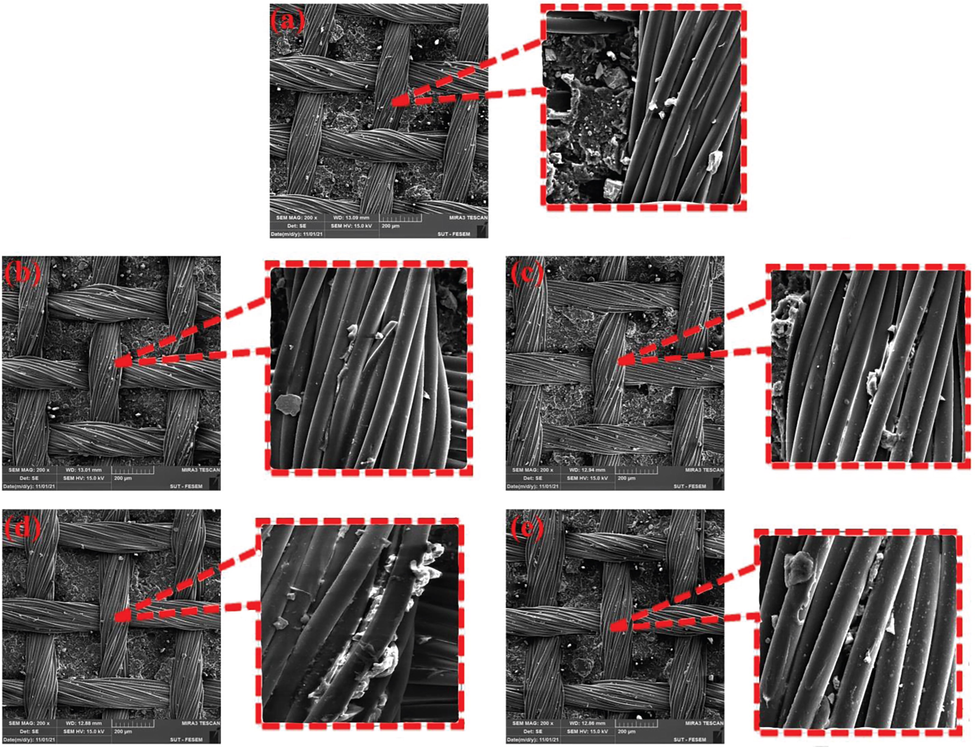 FE-SEM images of PET-NBR samples peel adhesion; (a) NBR-PET, (b) NBR-PET-C, (c) NBR-PET-H, (d) NBR-PET-C-T1, (e) NBR-PET-T-T5.