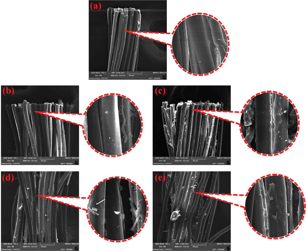 FE-SEM images of the surface of PET yarns after pullout adhesion test; (a) pristine PET, (b) hydroxylated PET, (c) hydroxylated/TESPT grafted PET, (d) carboxylated PET and (e) carboxylated/ TESPT grafted PET.