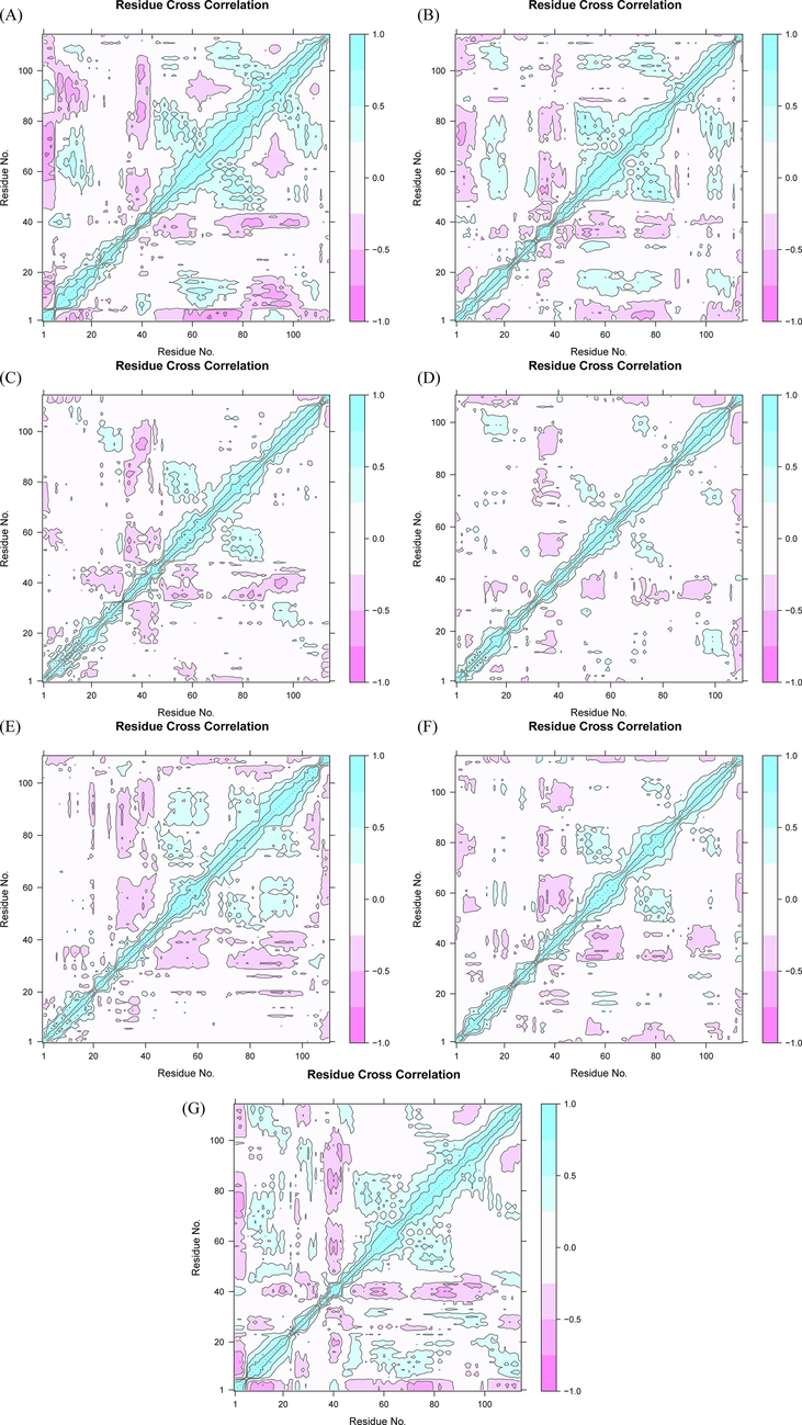 The dynamics cross-correlation matrix (DCCM) plots for (a) ZINC20417563-BRD2 complex (b) ZINC12322175-BRD2 complex (c) ZINC12391479-BRD2 complex (d) ZINC13098192-BRD2 complex (e) ZINC20407881-BRD2 complex (f) control compound-BRD2 complex and (g) apo protein. The positive value represents correlated motions in cyan, while the negative values represent the anti-correlated motions in pink.