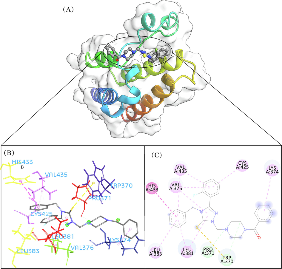 The 3D interaction (a), docked pose view (b) and 2D interaction (c) profile of ZINC13098192 docked with BRD2 protein. Hydrogen bonds are displayed as green ball and stick, Pi-Sulfur are displayed as gold ball and stick, hydrophobic (pi-pi/pi-alkyl stacking) are displayed as pink ball and stick, and carbon-hydrogen bond are displayed as white ball and stick.