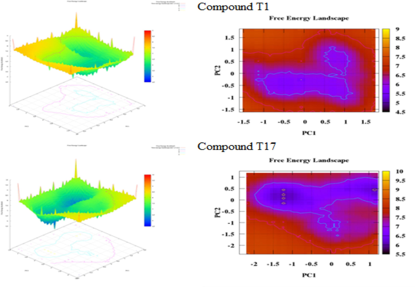 Plots pca and fel for (a) compound t1 and (b) compound 17.