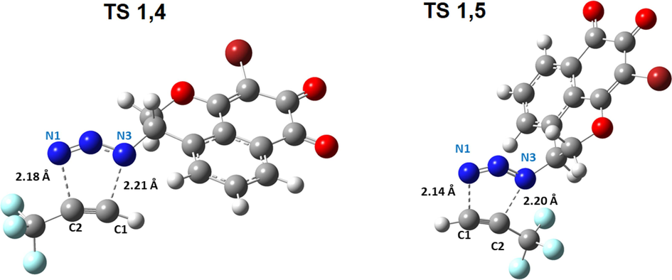 Structures of transition states TS1,4 and TS1,5 of cyclization, the distances are given in Å.