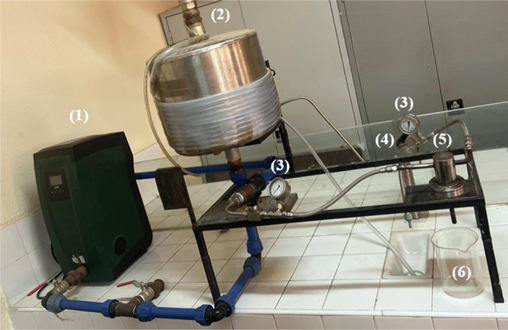 Diagram of the laboratory pilot (1: pump, 2: solution tank, 3: pressure manometer, 4: valve, 5: sample holder module, 6: filtrate.