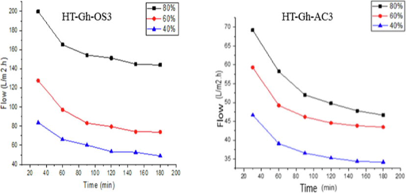 Evolution of the flux as a function of time for the two elaborate membranes.