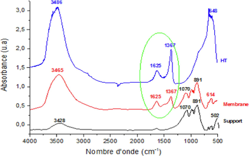 Infrared spectra of support, Hydrotalcite and membrane.