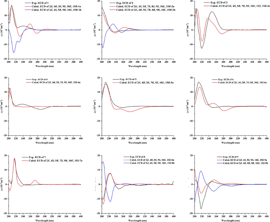 Calculated ECD spectra and experimental ECD spectra of 1–9.