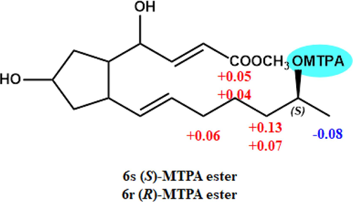 ΔδH values obtained for (S)- and (R)-MTPA esters of 6.