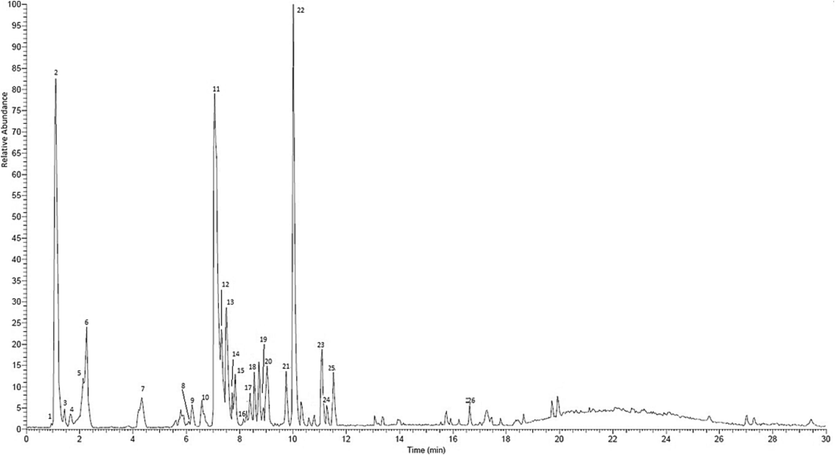 LC-MS/MS Chromatogram of methanol extract stem bark M. rufocostata in a negative ion mode.