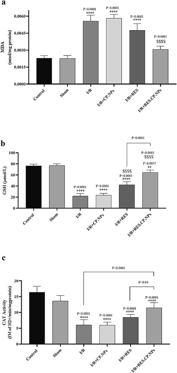 Effects of resveratrol (RES) and resveratrol loaded in copolymer nanoparticles (RES.CP.NPs) on brain malondialdehyde (MDA, a), glutathione (GSH) content (b) and catalase (CAT) activity (c) in rats under cerebral I/R injury conditions (n = 5). **** and $$$$ Indicates significant difference in the means at the probability level P < 0.0001 compared with healthy and I/R rats, respectively.