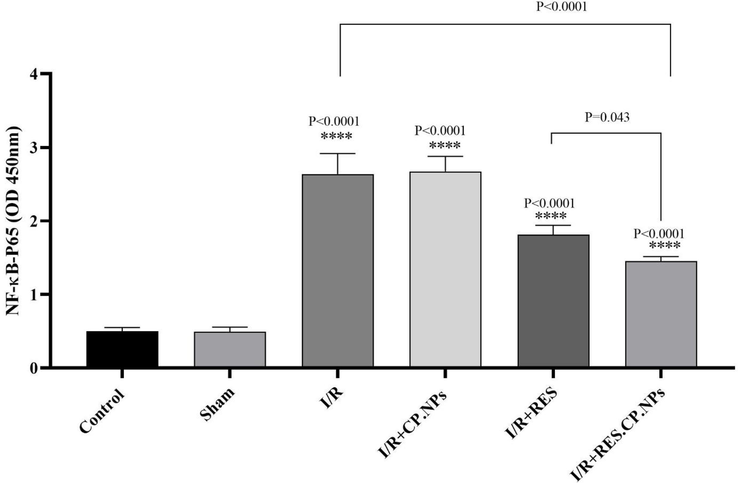 The effects of resveratrol (RES) and resveratrol loaded in copolymer nanoparticles (RES.CP.NPs) on the expression of NF-κB-p65 in rats in cerebral I/R injury (n = 5). **** shows significant differences at a probability level of P < 0.0001 compared with healthy rats. # shows significant differences at a probability level of P < 0.05 between I/R + RES and I/R + RES.CP.NPs groups; #### shows significant differences at a probability level of P < 0.0001 between I/R + RES.CP.NPs and I/R groups.