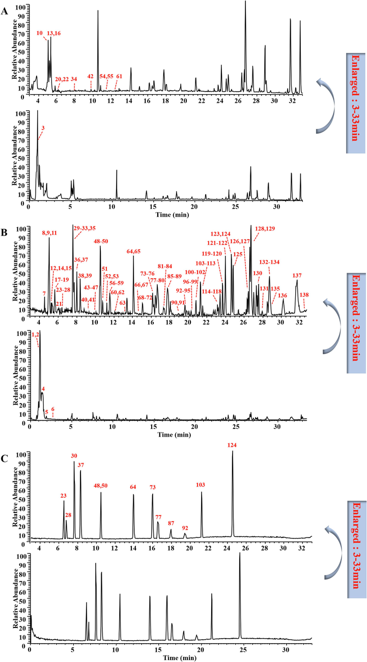 The base peak ion chromatograms of KSLP samples and standards (A: the sample under positive ion mode; B: the sample under negative ion mode; C: the standards under negative ion mode).