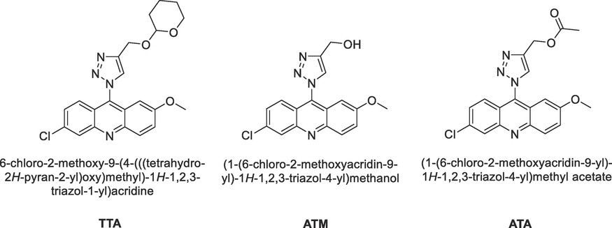 Molecular structure of the synthesized and evaluated 1,2,3-triazolyl-acridine derivatives.