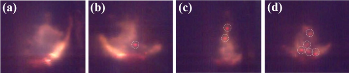 Combustion flame structures of propellants at 5Mpa: (a) 0 wt%; (b) 0.4 wt%; (c) 0.8 wt%; (d) 1.6 wt% NPs propellants.