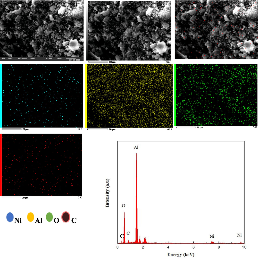 SEM images of the spent catalyst (5% Ni/Al2O3) along with its EDS spectra and mapping.