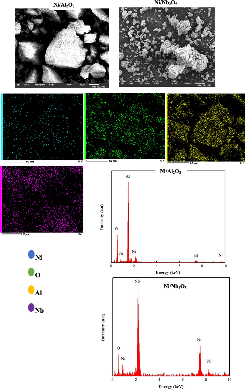 SEM images with EDS spectra and mapping for both Ni/alumina and Ni/niobia catalysts.