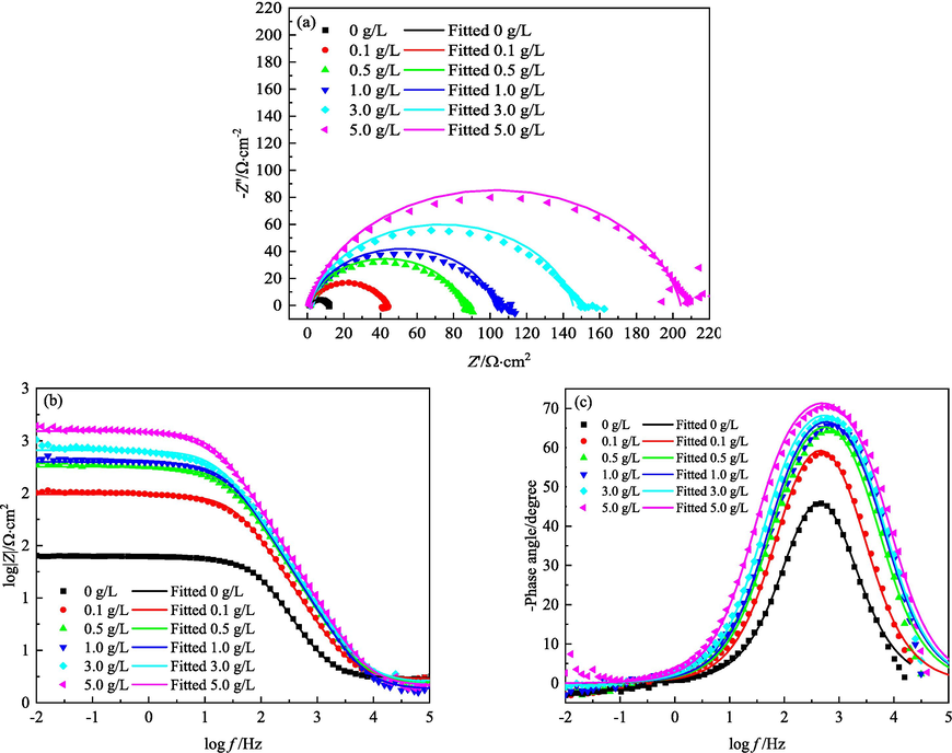 EIS of MS in 1 M HCl solutions containing different concentrations of IBLE at 318 K: (a) Nyquist diagrams, (b)(c) Bode diagrams.