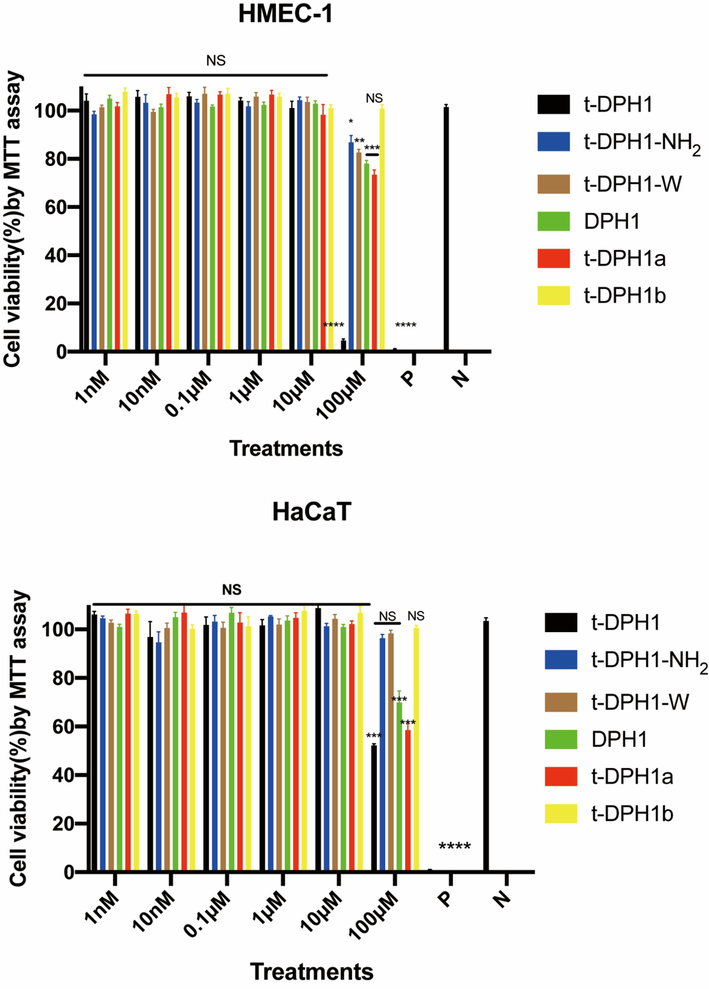 The cytotoxicity of t-DPH1 and its designed derivatives on HMEC-1(top) and HaCaT (bottom). ‘P’ represents the positive control group (0.1 % Triton-X 100), and ‘N’ represents the negative control group (PBS). Two-way ANOVA analyzed the data by comparing the haemolysis rate of different peptides in a series of concentrations with the negative control group. The significance is demonstrated with asterisks (* p < 0.05; ** p < 0.01; *** p < 0.001; **** p < 0.0001), and NS means there is no significant difference between peptide treatment groups and the negative control group. The error bar indicates the SEM of nine replicates.