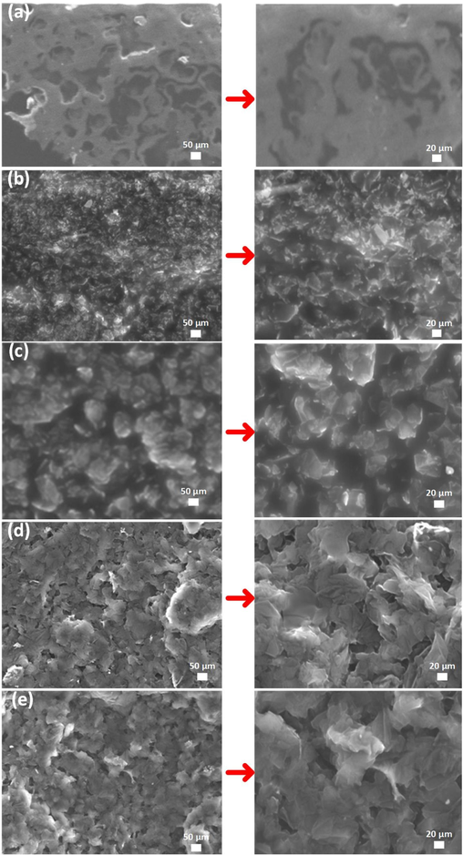 SEM images of coatings: (a) pure epoxy, (b) 1 wt% GREN, (c) 2 wt% GREN, (d) 3 wt% GREN, and (e) 5 wt% GREN.