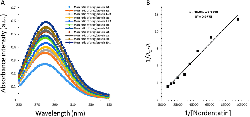 (A) UV–visible measurement of AGP following the interaction with nordentatin at different molar ratios of nordentatin:AGP at room temperature. (B) The linear double reciprocal plot of 1/A-Ao vs. 1/[nordentatin].