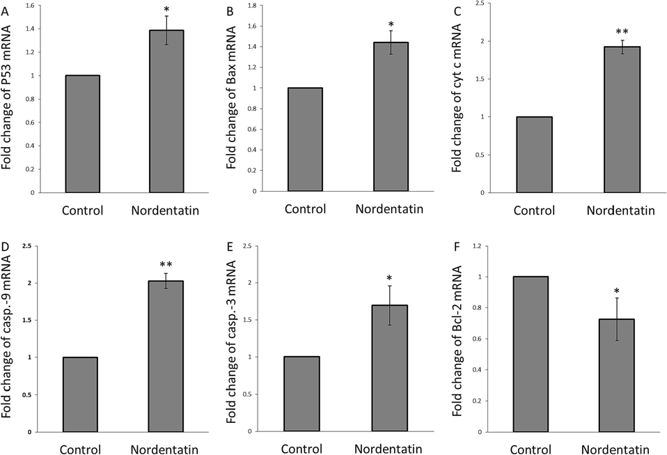 (A) Fold change of p53 mRNA, (B) fold change of Bax mRNA, (C) fold change of cytochrome c mRNA, (D) fold change of caspase-9 mRNA, (E) fold change of caspase-3 mRNA, and (F) fold change of Bcl-2 mRNA in the HCT-116 cells incubated with 75 µM nordentatin for 48 h. *P < 0.05, **P < 0.01, ***P < 0.001 relative to control cells.