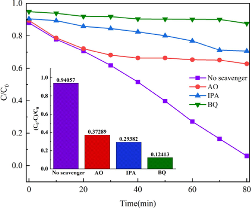 The impact of radical scavengers on the degradation of BiMn-5 by RhB photocatalysis.
