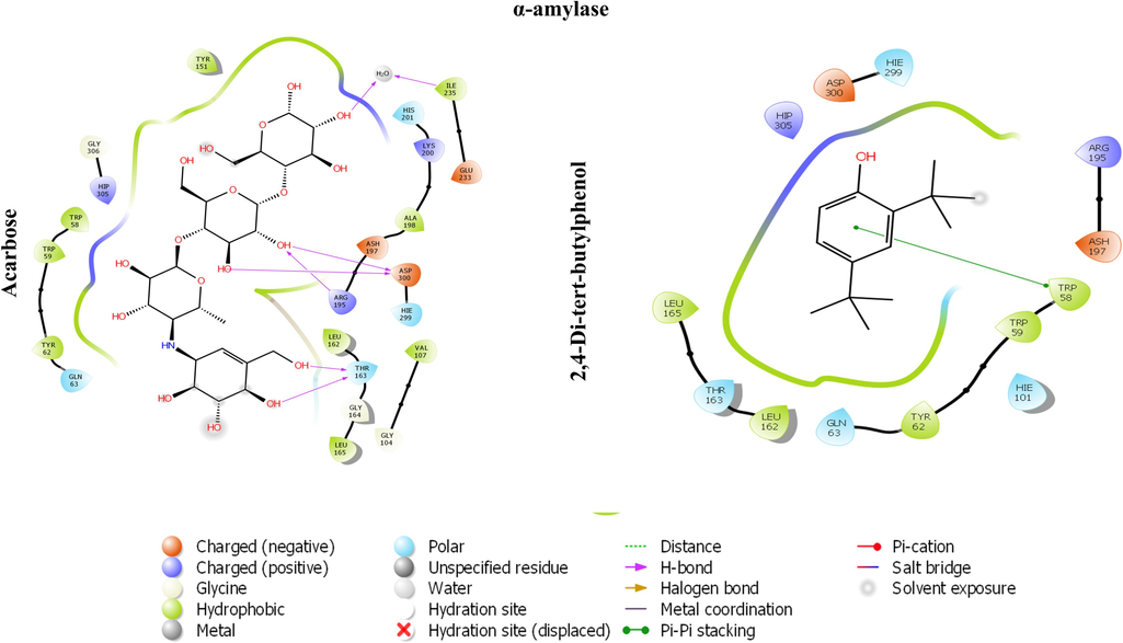 The 2D image represents the in-silico binding pattern of (A) acarbose and (B) 2,4-Di-tert-butylphenol within the active pocket of α-amylase crystal structure.