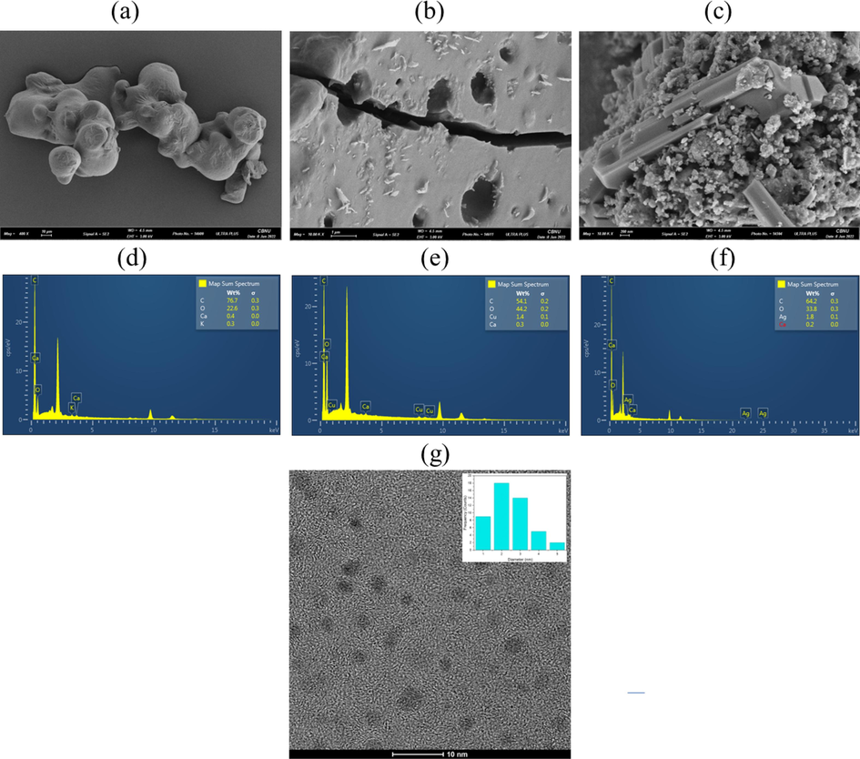 FE-SEM images of (a) CDs (b) GQDs & (c) CDs@GQDs, and EDX of (d) CDs (e) GQDs & (f) CDs@GQDs, and (g) TEM image of CDs@GQDs.