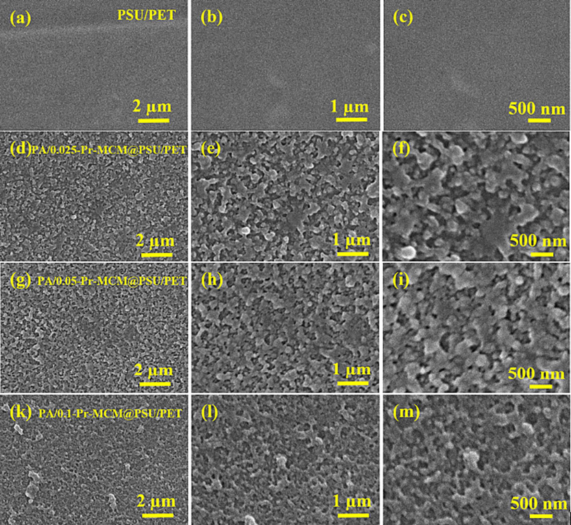 SEM micrographs of (a to c) PSU/PET support, (d to f) PA/0.025-Pr MCM@PSU/PET, (g to i) PA/0.050-Pr-MCM@PSU/PET and (k to m) PA/0.100-Pr-MCM@PSU/PET.