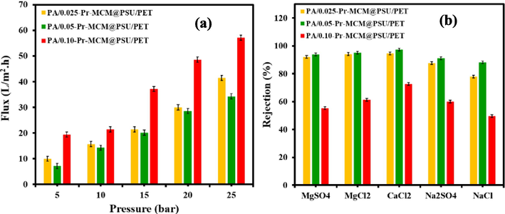 (a) Effect of pressure on permeate flux and (b) salt rejection by PA/0.025-Pr-MCM@PSU/PET, PA/0.050-Pr-MCM@PSU/PET, and PA/0.100-Pr-MCM@PSU/PET.