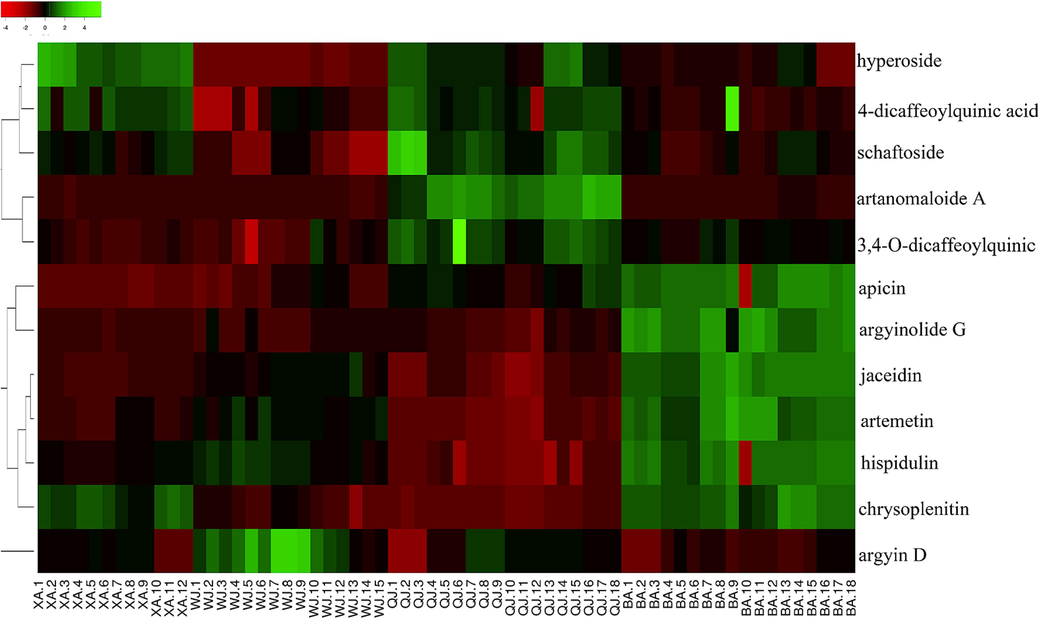 Heat-map of metabolite contents in four cultivars of Qiai.