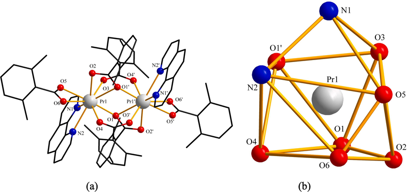 (a) Symmetric unit of compound 1. (b) Coordination environment geometric shape of Pr3+ ion.