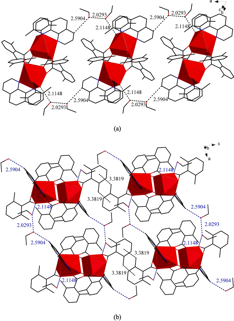 (a)1D chain-like structure of compound 3 on the a-axis. (b)The 2D network structure of compound 3 on the ac planum.