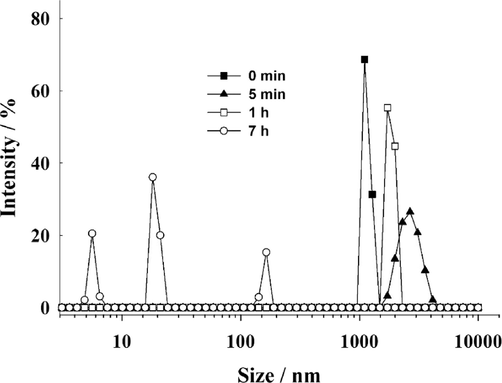 Evolution of core-shell particle diameter distribution after being exposed to 40 mM GSH at 25 °C. Data from DLS measurements.