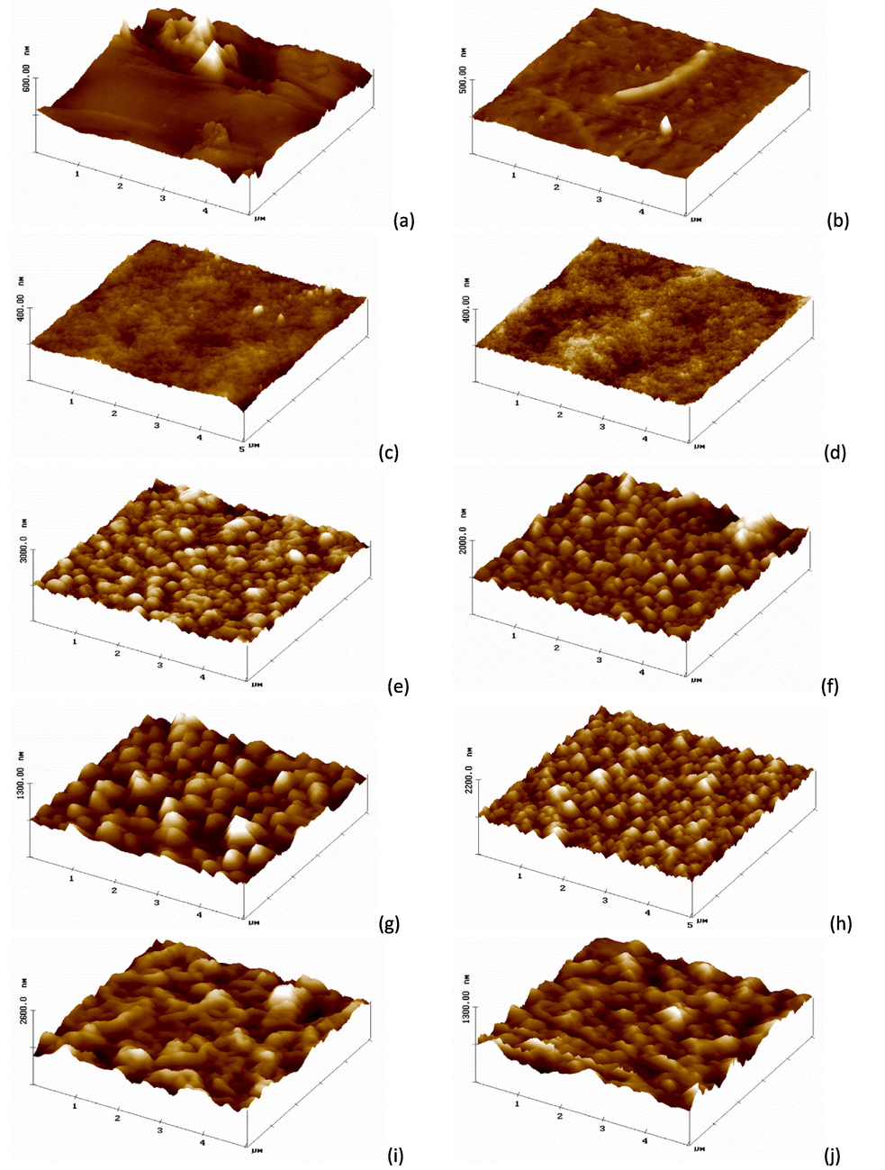 AFM analysis in 3D was used to investigate the surface properties of the support layer and polyamide layer (PES-TFC), for (a) M1, (b) M4, (c) M7, (d) M9, (e) M11, (f) M13, (g) M15, (h) M17, (i) M19, (j) M21.