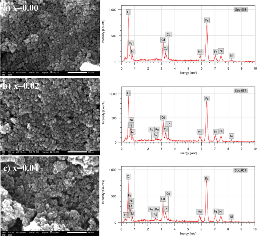 SEM images and EDX spectra of (Cd0.4Ni0.4Mn0.2)Fe2-xRuxO4 NPs where (a) x  = 0.00, (b) x  = 0.02 and (c) x  = 0.04.