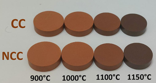 Image depicting the ceramic supports manufactured from the samples CC and NCC at various temperatures.
