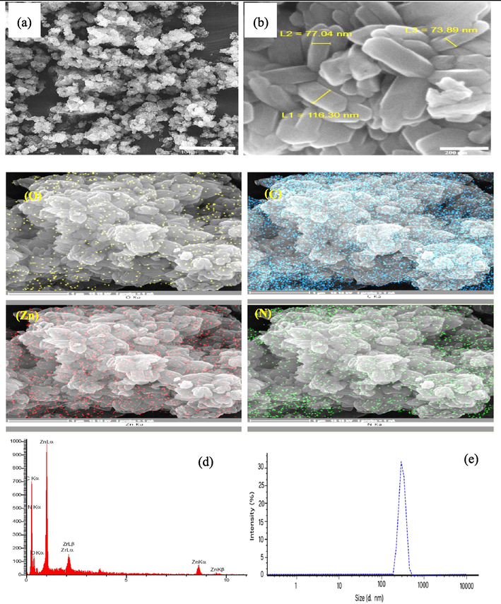 The FESEM images for (a), (b) ZIF-8@(AC-co-CS) nanocomposite and (c) MAP images of (O, ZN, N, and C), (d) EDAX analysis, and (e) DLS analysis for ZIF-8@(AC-co-CS) nanocomposite.