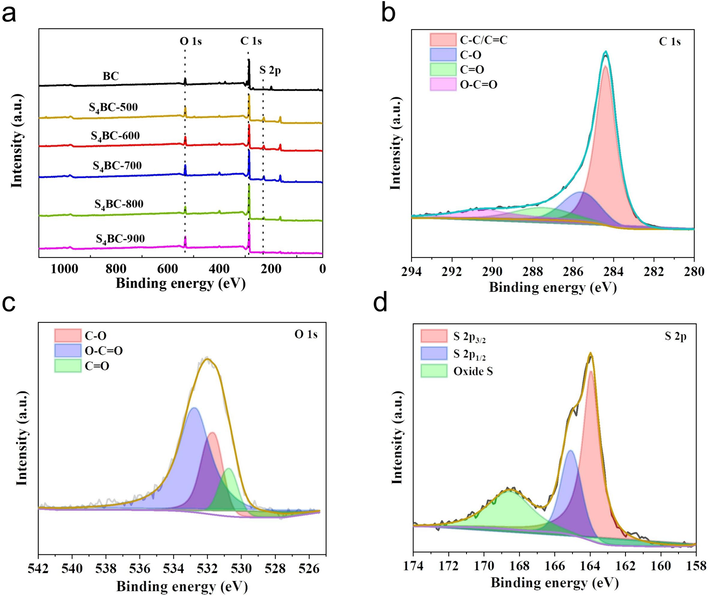 (a) XPS survey spectra, (b) High-resolution spectra of C 1 s, (c) O 1 s, (d) S 2p of S4BC-800.