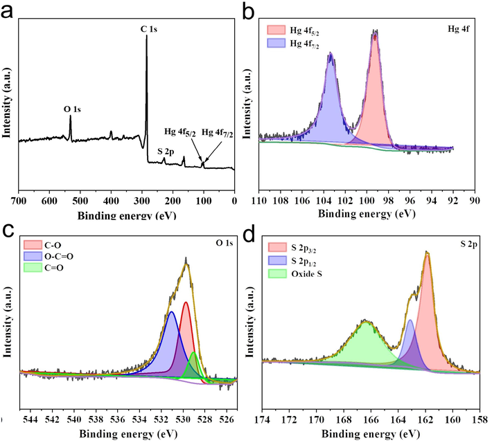 (a) XPS survey spectra of used S4BC-800.High-resolution (b) Hg4f(c) O 1s and (d) S 2p spectra of used S4BC-800.