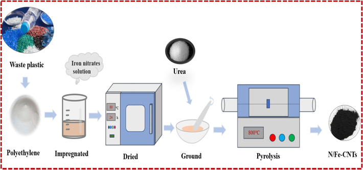 The preparation process of the N/Fe-CNTs.