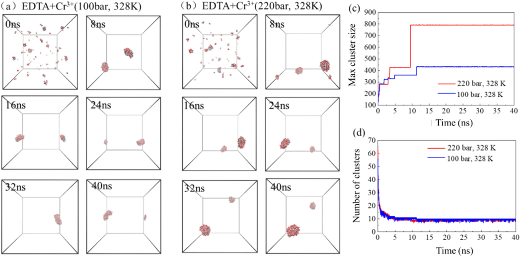 The self-assembly process of EDTA chelating agent extracting Cr3+ in supercritical carbon dioxide system under different pressures (a-b), the maximum cluster atomic number (c) and the number of clusters (d) in the system evolve with time.