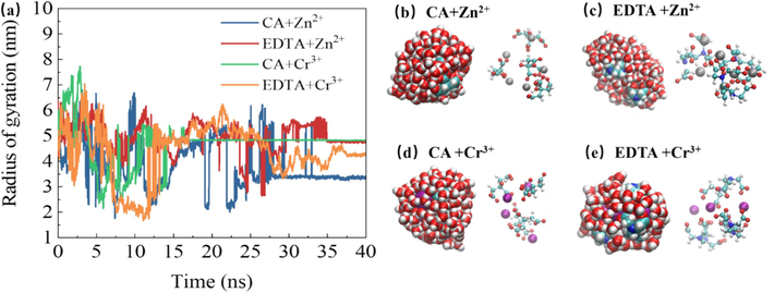 Evolution of gyration radius over time in different supercritical carbon dioxide systems (a) and molecular structure of the largest clusters at 40 ns (b–e).