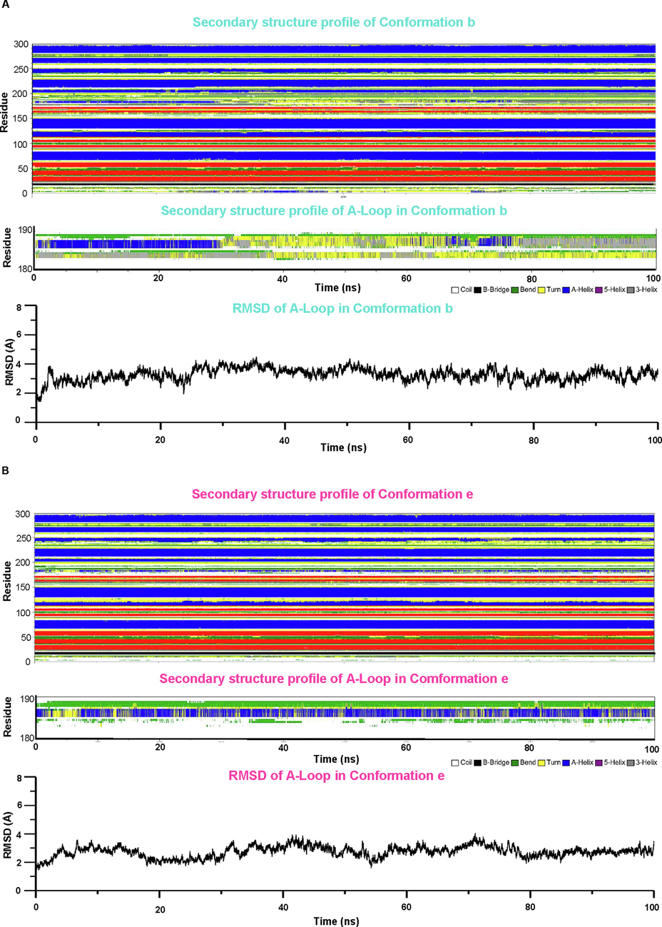 Molecular dynamic simulation identified one possible metastable state with promising thermal stability. The secondary structure profile of conformation b and conformation e was obtained from molecular dynamics simulation and was shown in the upper panels of A and B. The secondary structure of the A-loop (residues between 180 and 190) was plotted in the middle panel of A and B. The RMSD of the A-loop along with the simulation was shown in the lower panel of A and B.