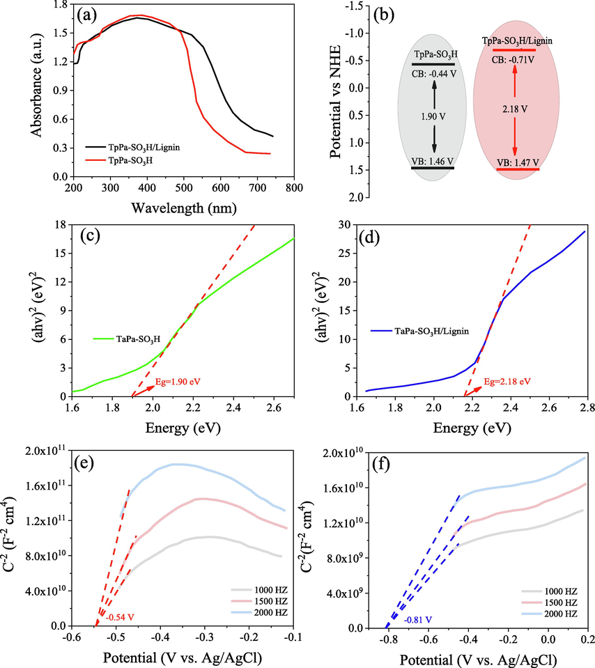 UV–vis absorption spectra (a), the electronic band structure (b), the plot of (ahv)2 versus photo energy (hv) (c and d)and Mott-Schottky plot of TpPa-SO3H (e) and TpPa-SO3H/Lignin (f).