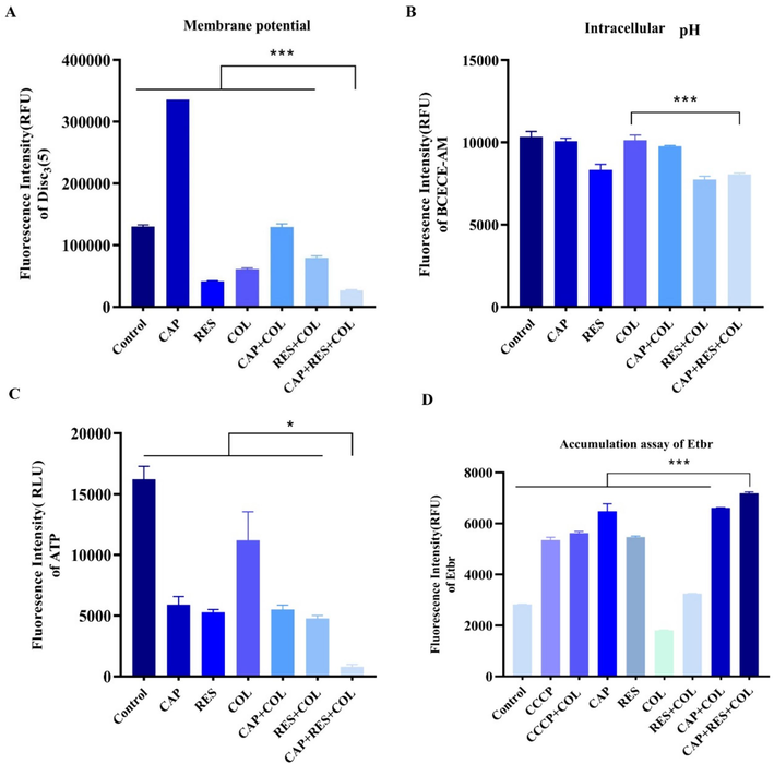 Effects of combined therapy on bacterial energy metabolism and efflux pump activity in Escherichia coli HP-144. A, Intracellular ΔΨ, B, Intracellular pH changes, C, Intracellular ATP levels, D, The activity of efflux pump.