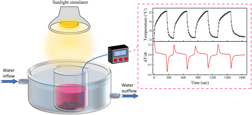 The schematic diagram of pyro-photocatalysis and temperature profile of the RhB solution under simulated solar light.